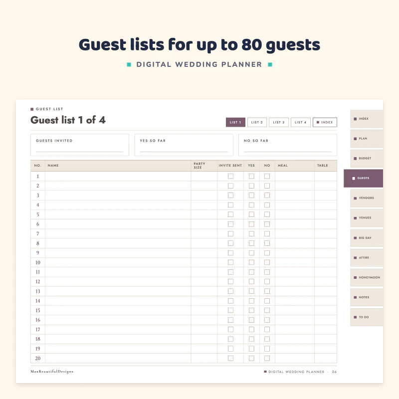 Guest list page 1 of 4 with numbered rows for guest name, RSVP and meal columns