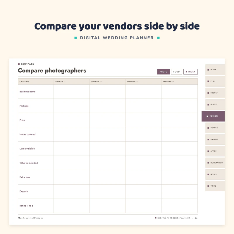 Compare photographers page with a table to compare several vendors