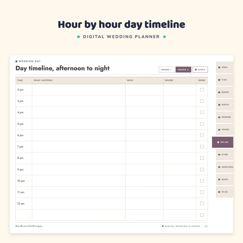Day timeline page for afternoon to night with hour rows to fill in