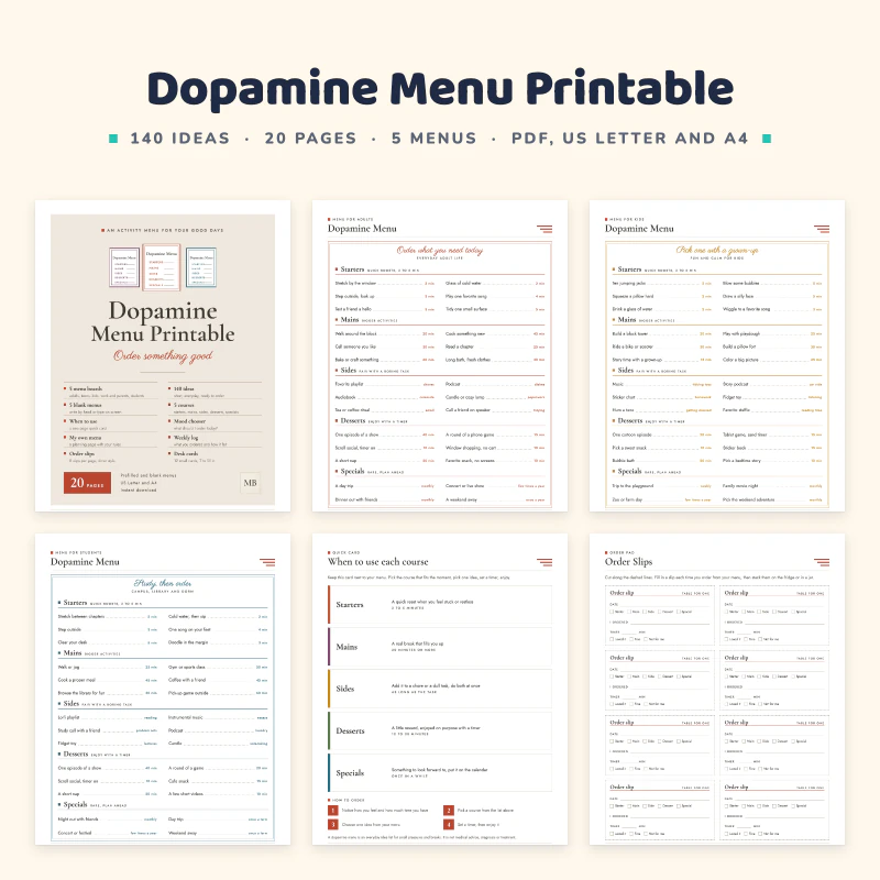 Dopamine menu printable: the cover, menu boards for adults, kids and students, the when to use each course card and diner style order slips