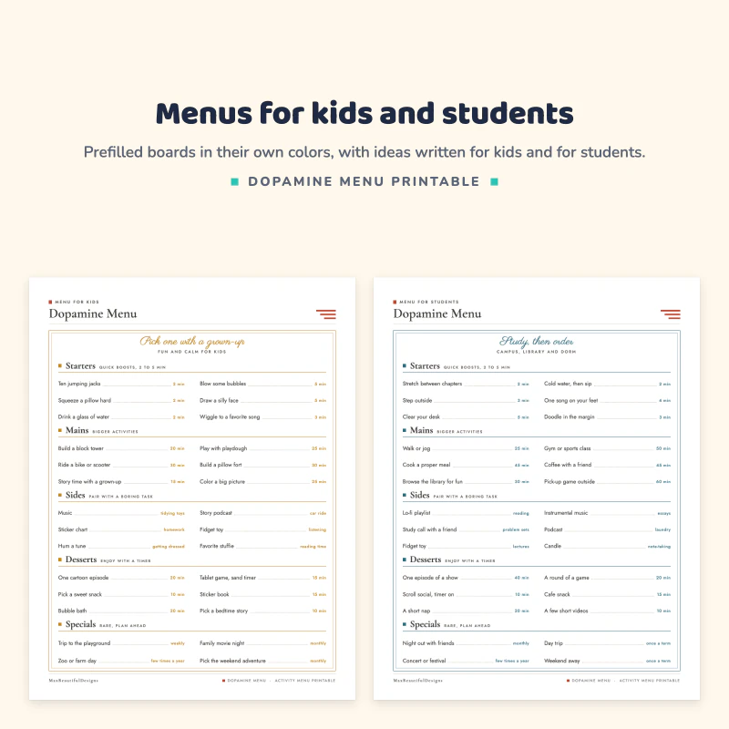 Dopamine menu for kids with a pick one with a grown up title, next to a menu for students with ideas for campus and library