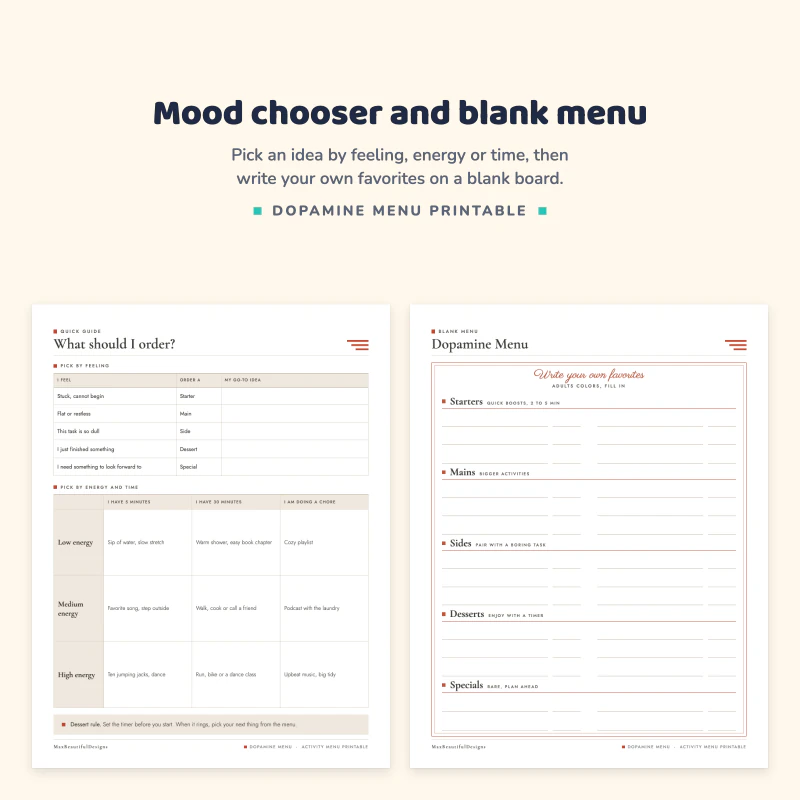What should I order page with a mood and energy chooser, next to a blank menu board with empty lines for each course
