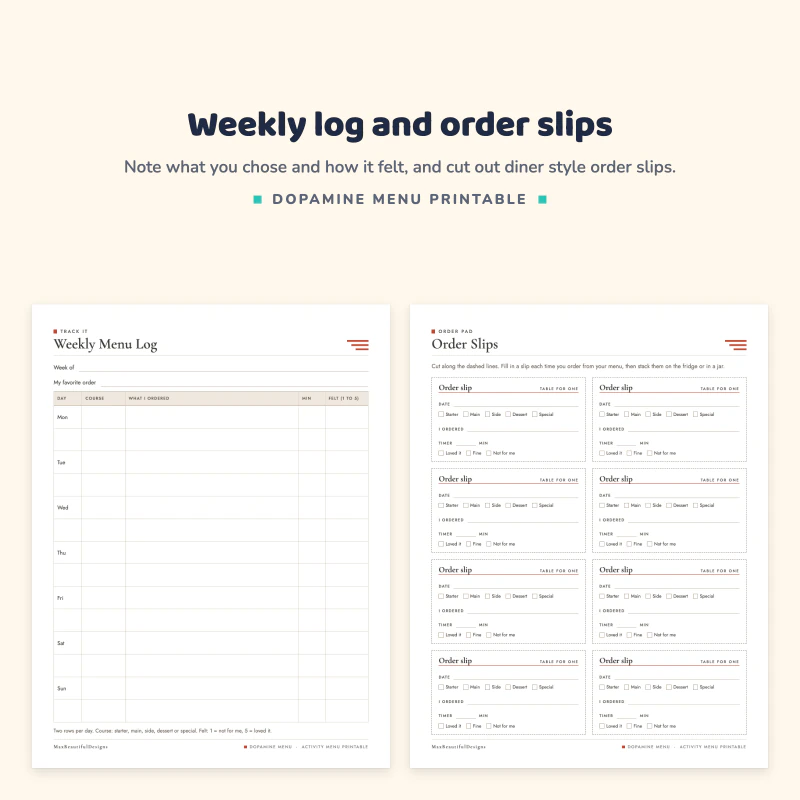 Weekly menu log with a row for each day, next to a page of eight order slips with checkboxes for each course