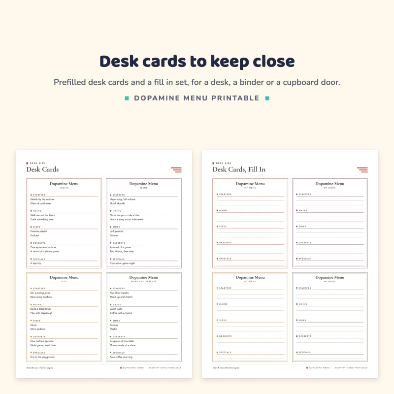Four prefilled desk cards for adults, teens, kids and work, next to four blank fill in desk cards