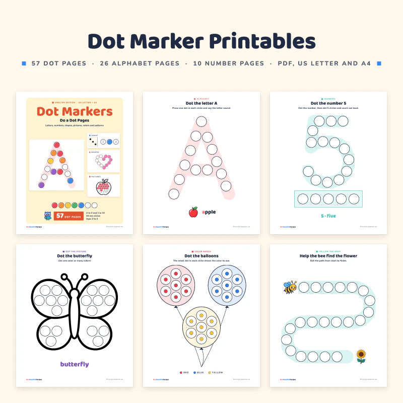 Dot marker printables: the cover, the big letter A made of circles with an apple, the number 5 with a counting frame, a dot-the-butterfly picture, dot the balloons by color and a follow the path page
