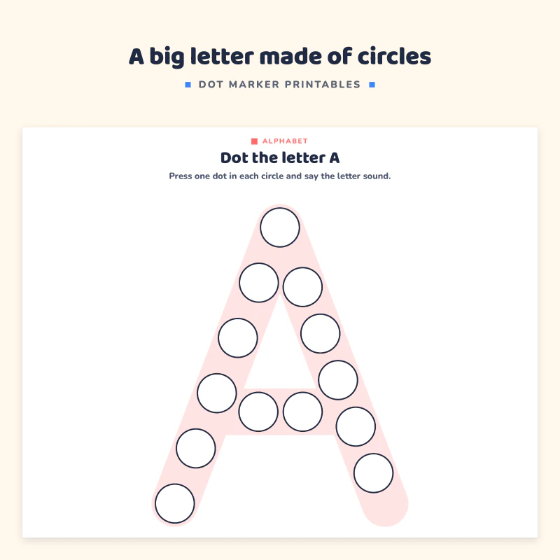 Dot the letter A page: a large capital A made of circles to dot, with the instruction to press one dot in each circle and a picture of an apple with the word apple