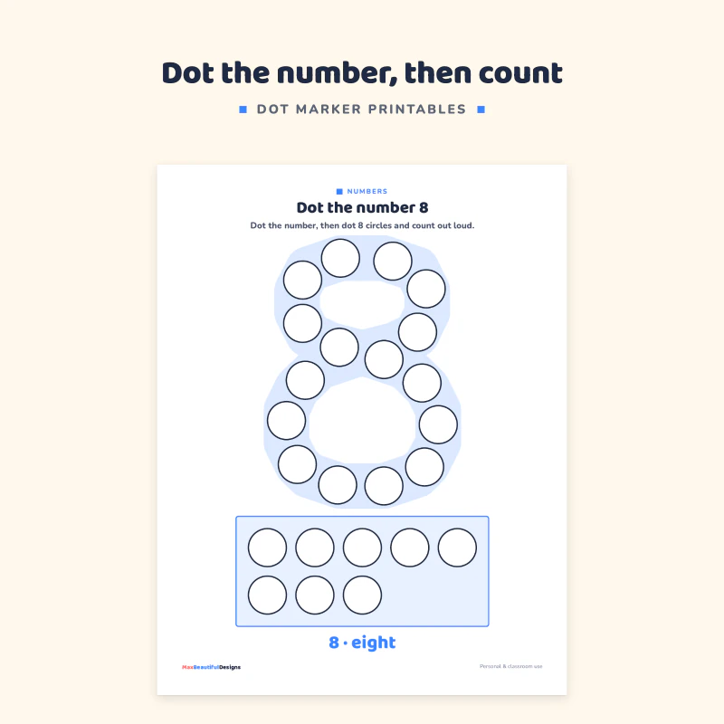 Dot the number 8 page: a large number made of circles and a frame below with eight circles to count