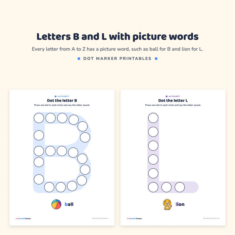 Dot the letter B page with a ball and dot the letter L page with a lion, each letter made of circles