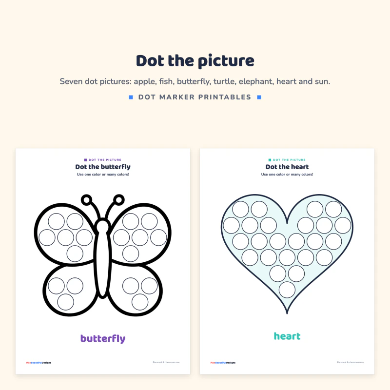 Dot the butterfly page and dot the heart page, each a large outline filled with circles