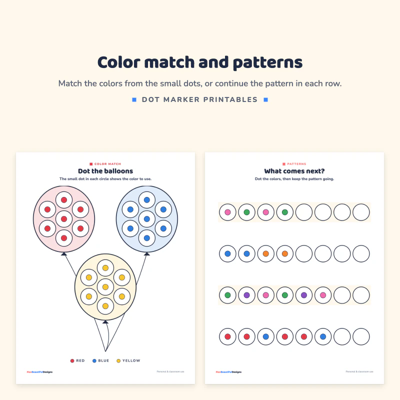 Dot the balloons page with small colored guide dots, next to a What comes next pattern page with rows of colored dots