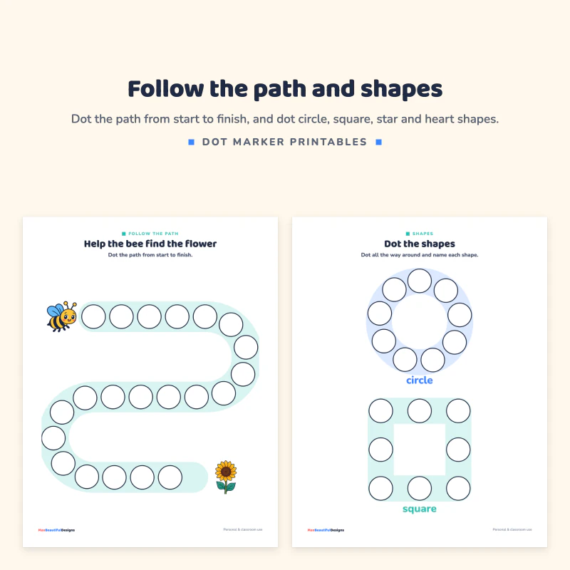 Help the bee find the flower path page, next to a dot the shapes page with a circle and a square