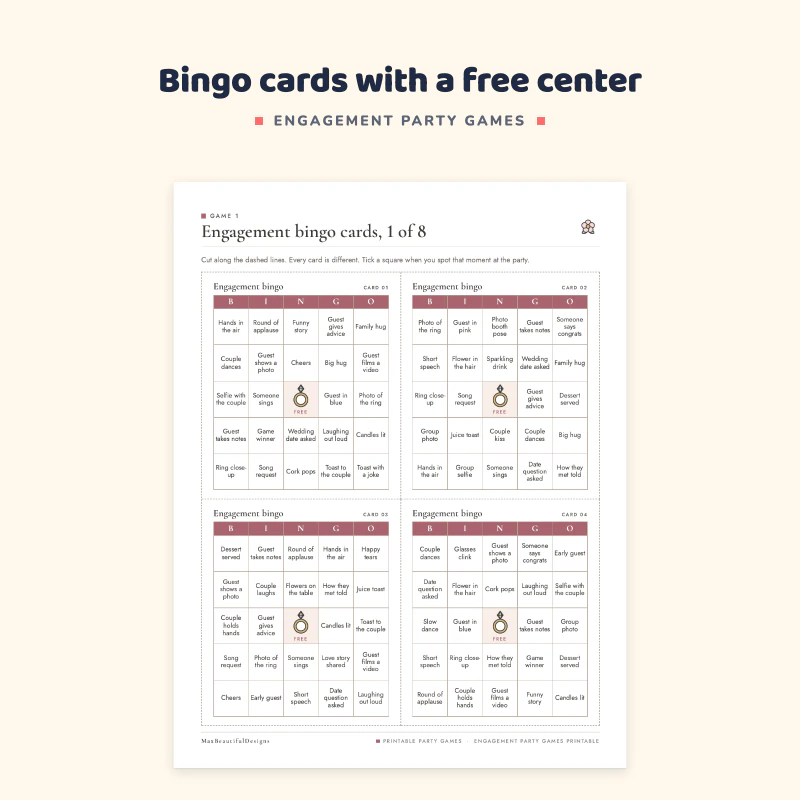 Top of an engagement bingo page: two 5 by 5 bingo cards with party moments such as Photo of the ring, Guest cries and Toast to the couple, and a ring icon in the free center