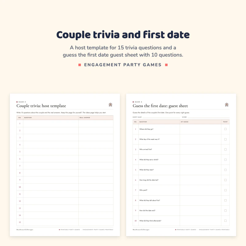 Couple trivia host template with numbered question and answer rows, next to a guess the first date guest sheet with ten questions