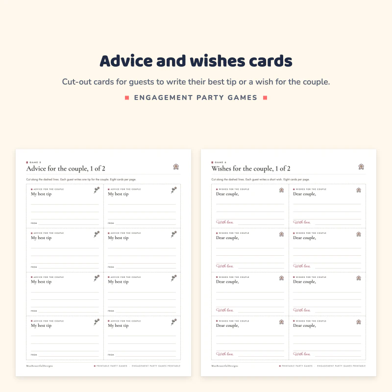 Advice for the couple page with eight my best tip cards, next to a wishes for the couple page with Dear couple cards