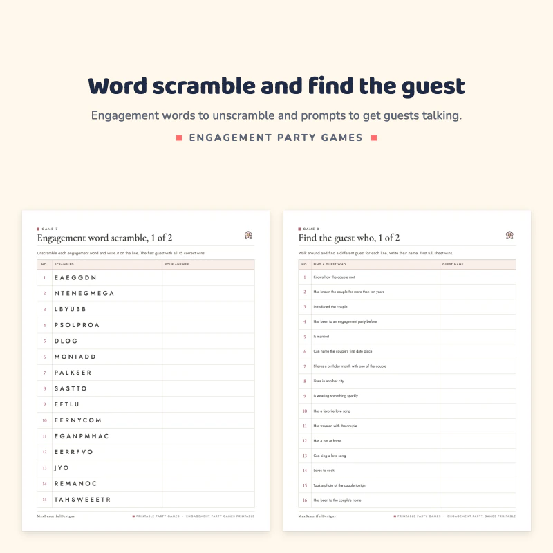 Engagement word scramble page with scrambled words like EAEGGDN, next to a find the guest who page with numbered prompts