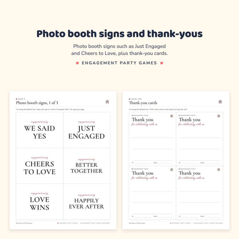 Photo booth signs page with six signs including We said yes and Just engaged, next to a thank-you cards page with four cards