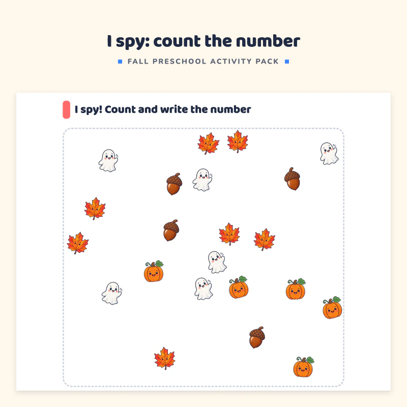 I spy page: pumpkins, leaves, acorns and ghosts scattered in a frame with a box to write each count