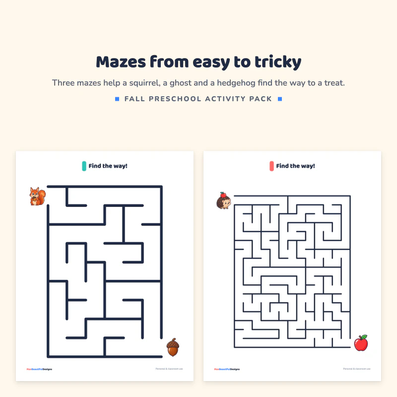 An easy maze with a squirrel and an acorn, next to a tricky maze with a hedgehog and an apple