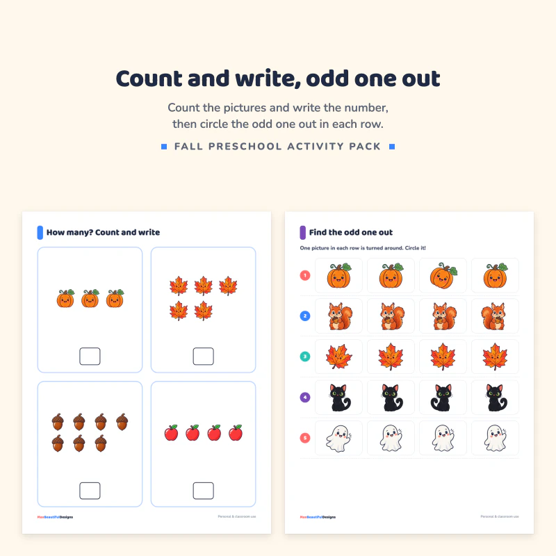 How many count and write page with four boxes of pumpkins, leaves, acorns and apples, next to a find the odd one out page with five rows