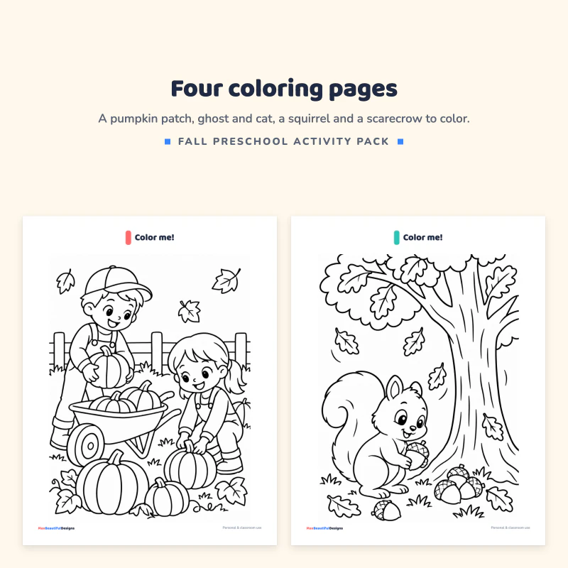 Coloring page of two children with pumpkins and a wheelbarrow, next to a squirrel under a tree with acorns