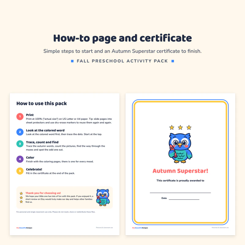 How to use this pack page with five steps, next to an Autumn Superstar certificate with an owl
