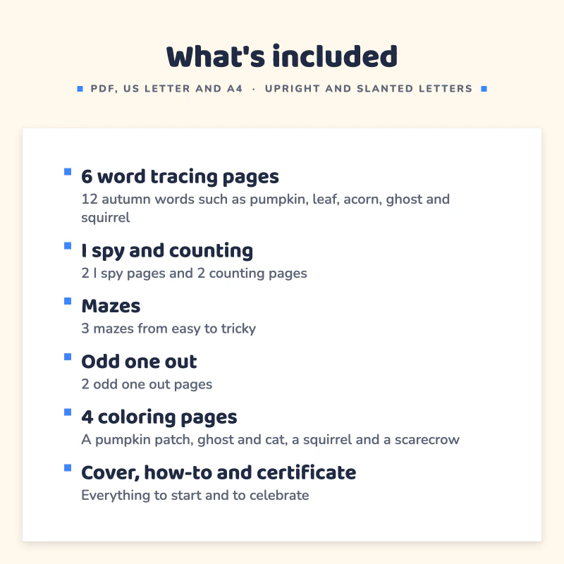 List of what is included in Fall Preschool Activity Pack: 6 word tracing pages, I spy and counting, Mazes, Odd one out, 4 coloring pages, Cover, how-to and certificate.