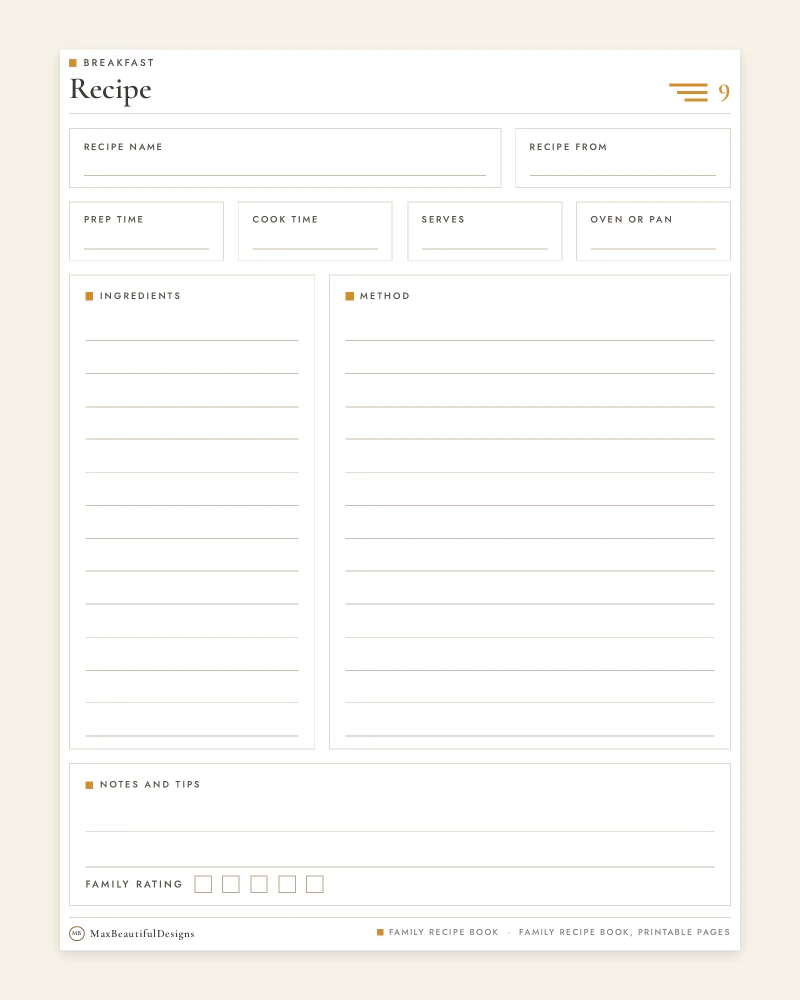 Recipe page with recipe name, prep time, serves, ingredients, method, notes and tips and a family rating