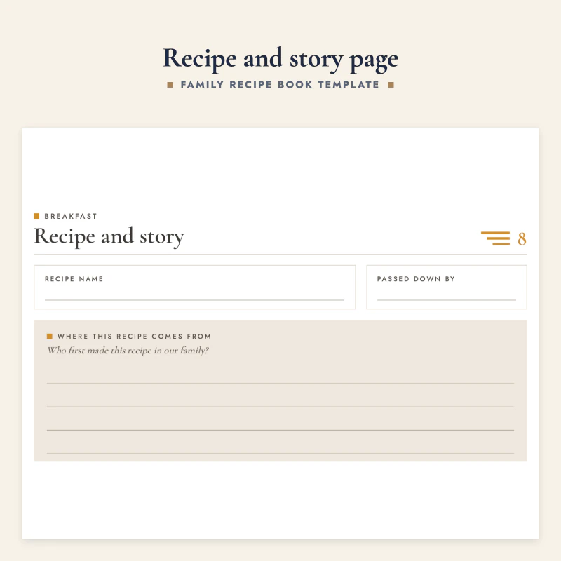 Recipe and story page with a memory prompt box above the recipe name, prep time, ingredients and method