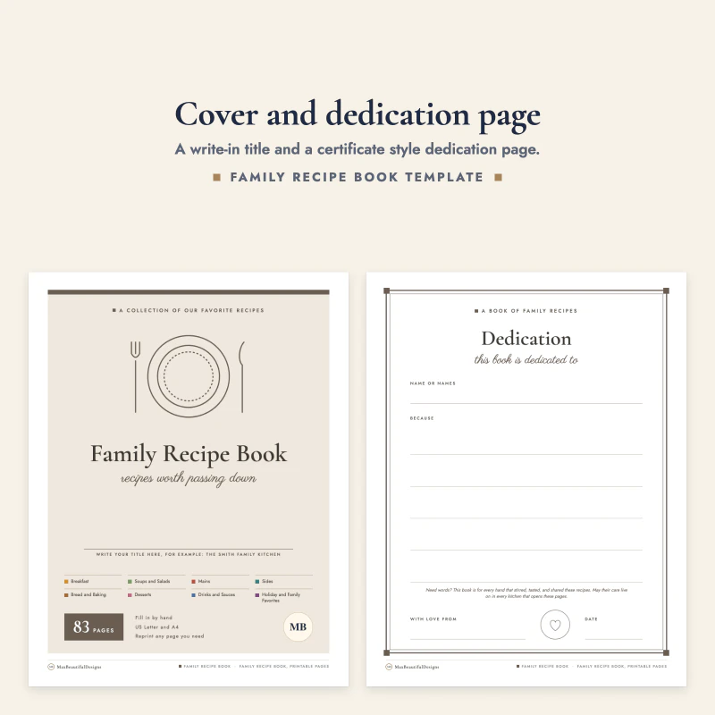 Family Recipe Book cover next to a dedication page with lines for name and message