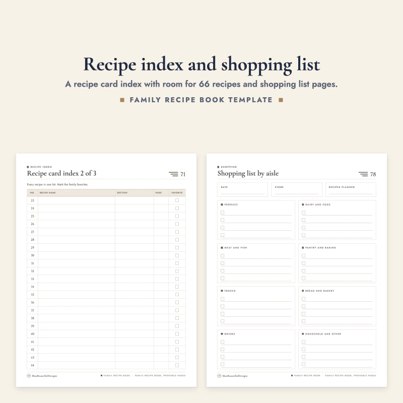 Recipe card index page next to the shopping list by aisle