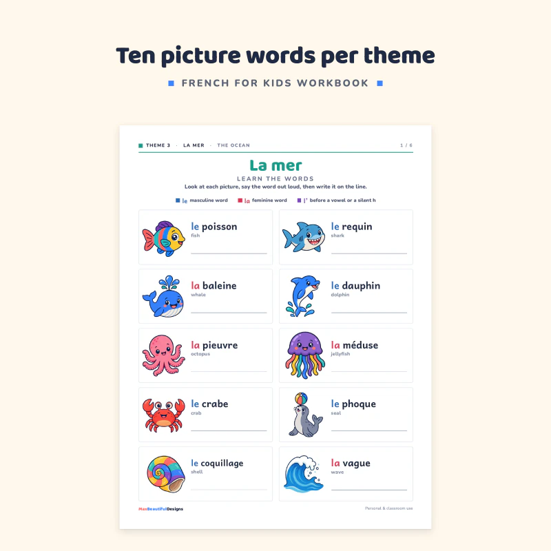 La mer page with sea animals such as le poisson, la baleine and le dauphin, each word in a gender color with its picture