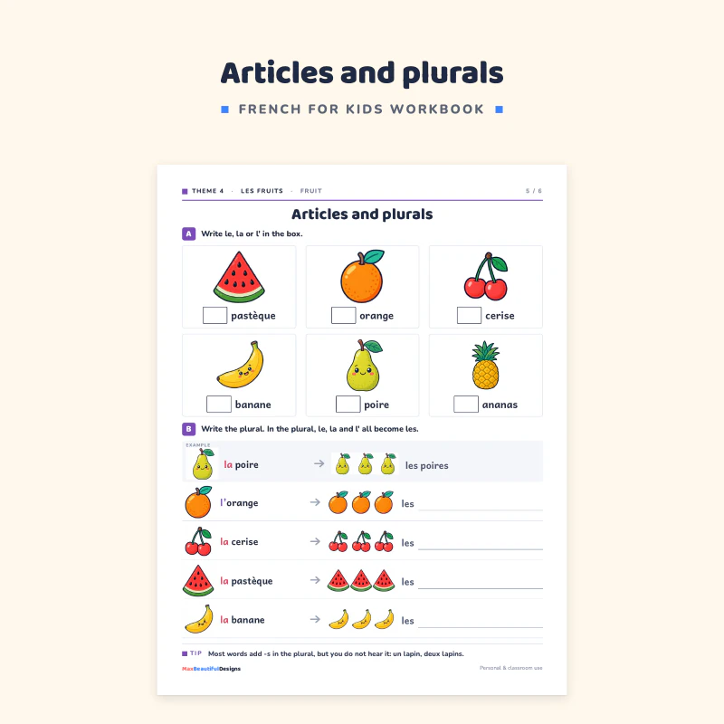 Articles and plurals page about fruit: write le, la or l' next to each picture, then write the plural, with pictures of a watermelon, orange and banana