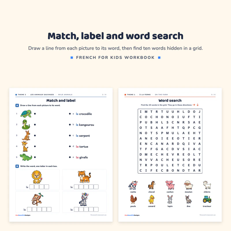 Match and label page with animals joined to French words, next to a word search with animal pictures below the grid