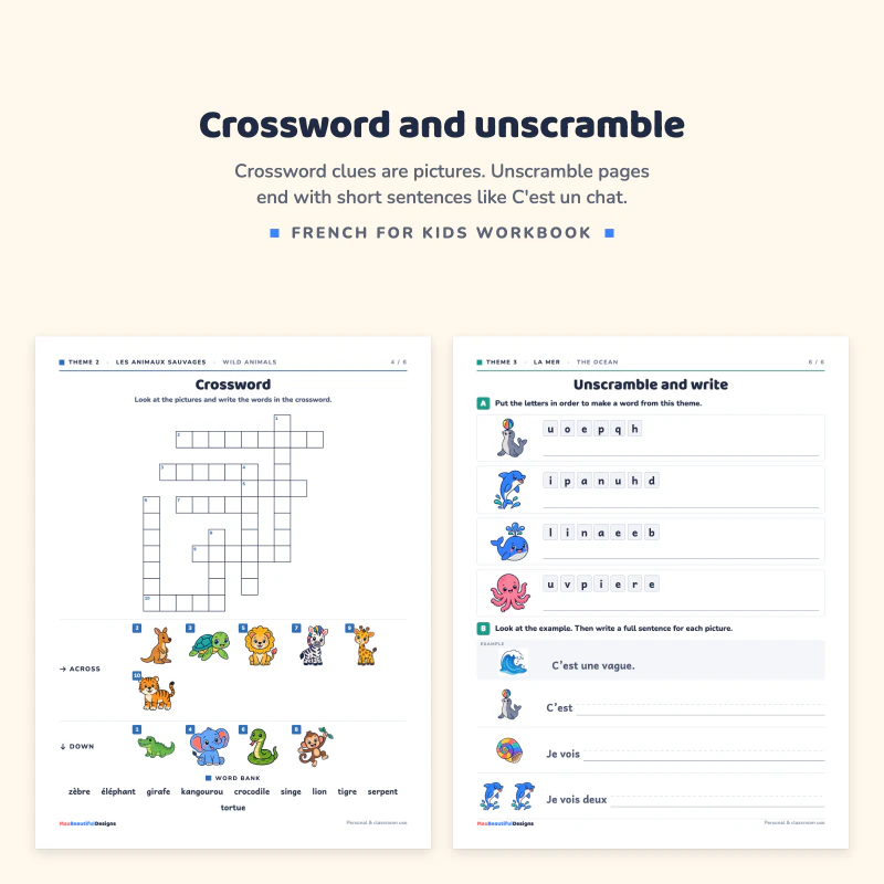 Crossword page with picture clues, next to an unscramble and write page with scrambled sea animal words and sentence lines
