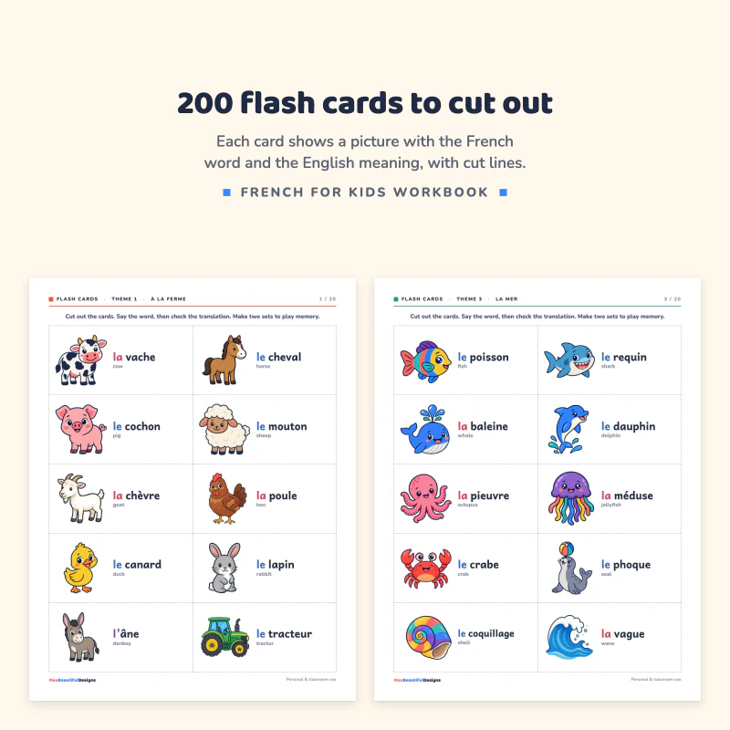 Two flash card pages with animal pictures and sea animals, each with the French word and its English meaning