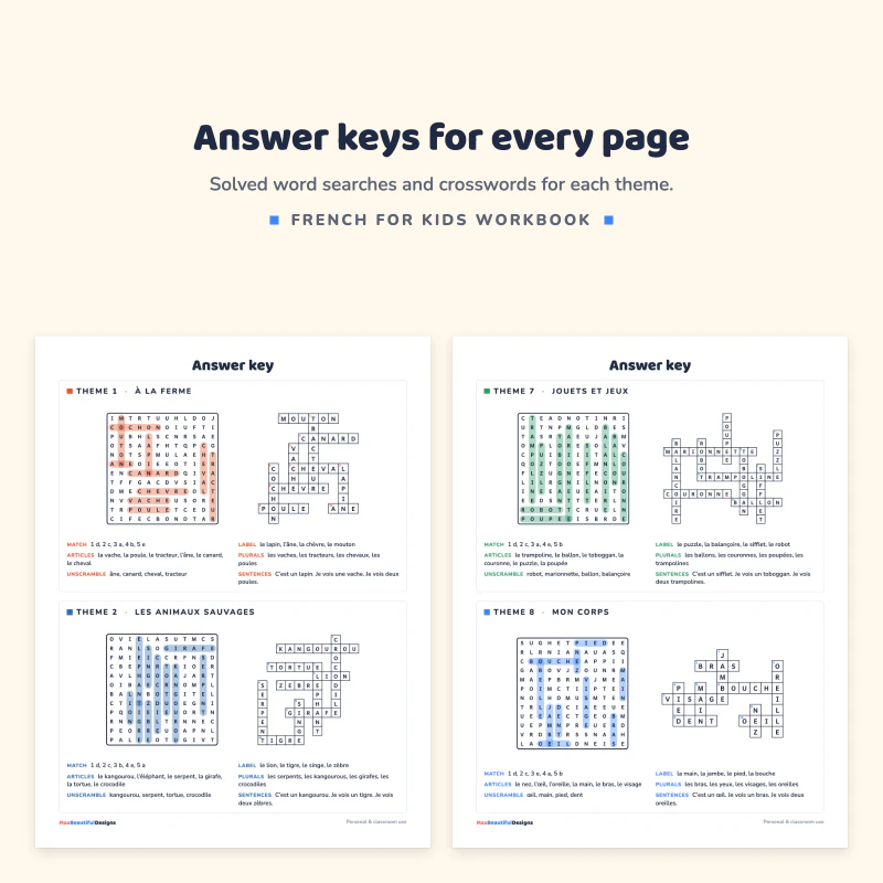 Two answer key pages with solved word searches and crosswords marked in color