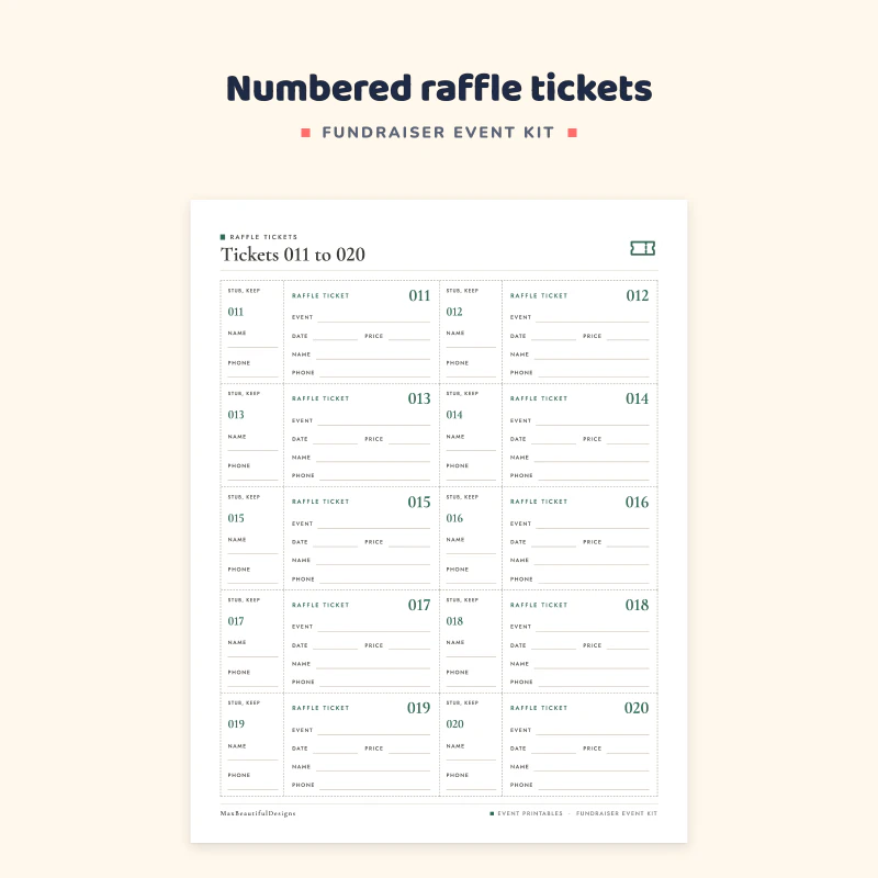 Close view of raffle tickets 011 to 016: pairs of tickets with a large number, name, phone and a matching stub to keep