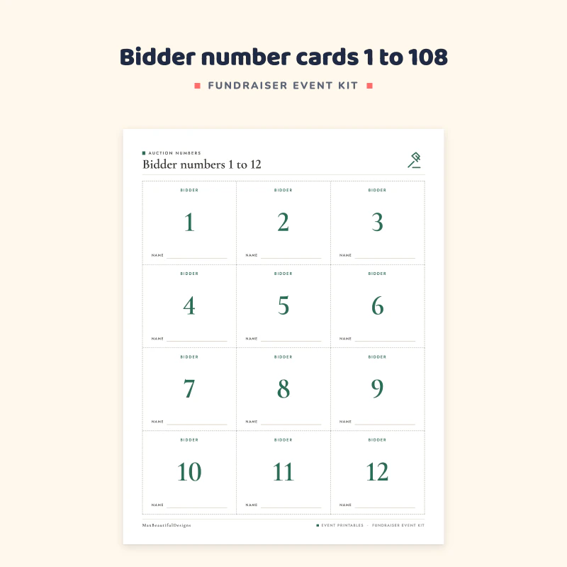 Close view of bidder numbers 1 to 6 in large green numerals on cards, three across and two down