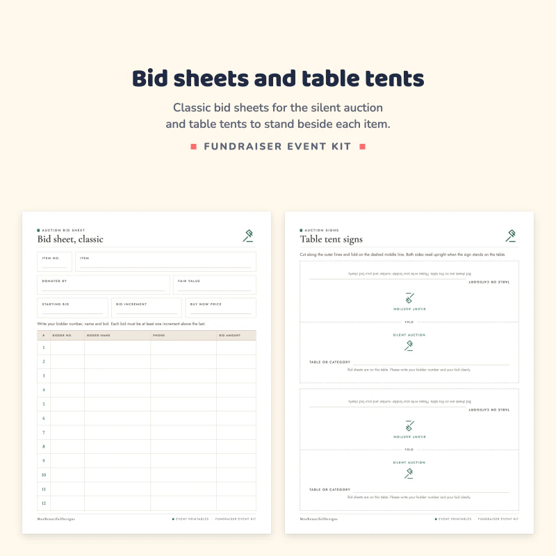 Classic bid sheet with rows for bidders and amounts next to table tent signs for auction items