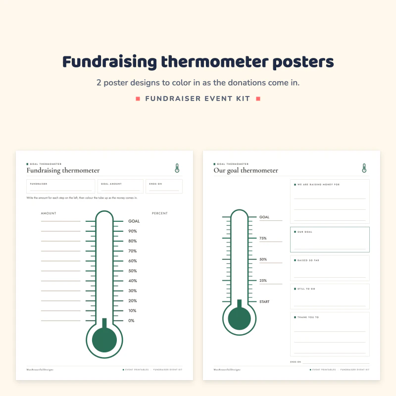 A fundraising thermometer with percentage marks next to the Our goal thermometer poster with goal boxes