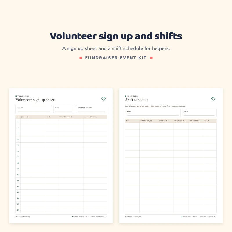 Volunteer sign up sheet next to the shift schedule page with a table for helpers and times
