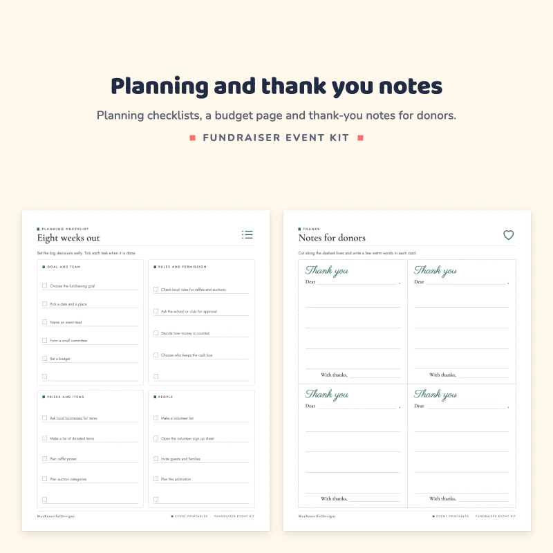 Eight weeks out planning checklist next to a page of donor thank-you notes with a script heading