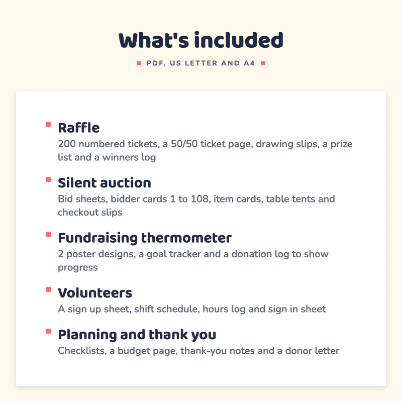 List of what is included in Fundraiser Event Kit: Raffle, Silent auction, Fundraising thermometer, Volunteers, Planning and thank you.