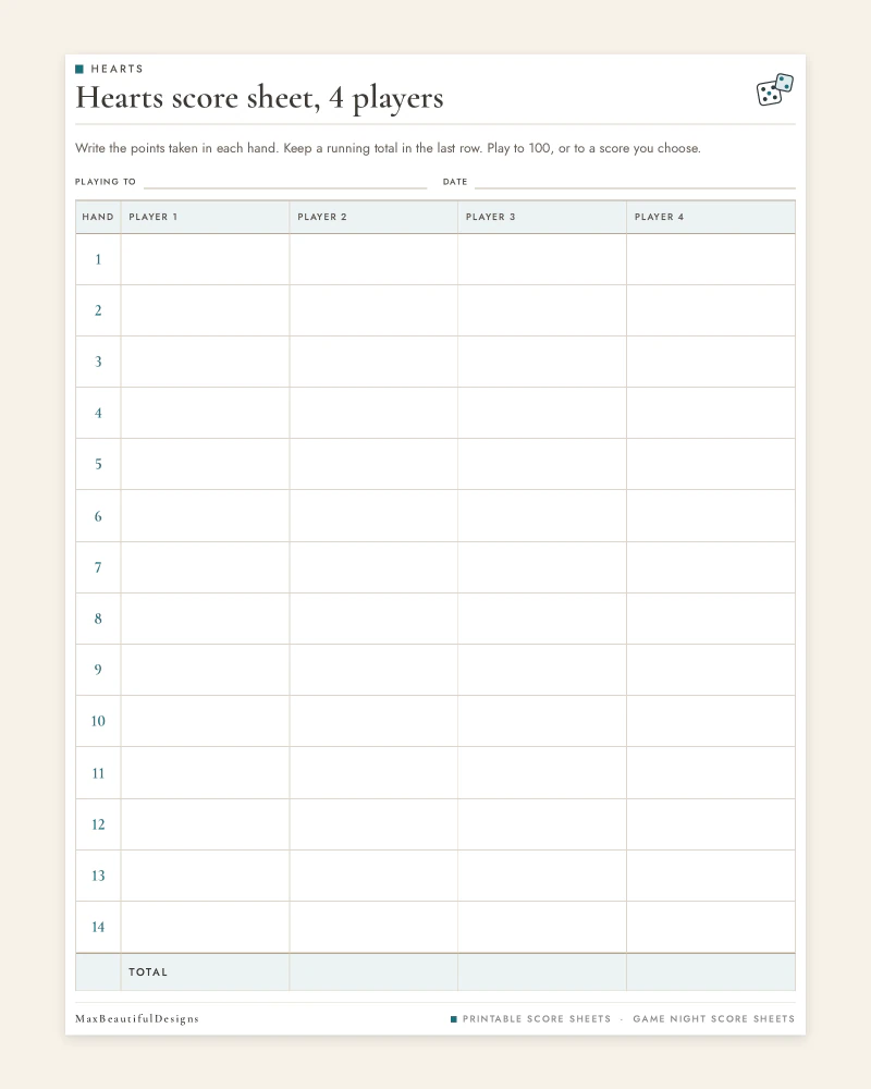 Top of the hearts score sheet for 4 players: name fields, numbered rounds and columns for each player with a total row at the bottom