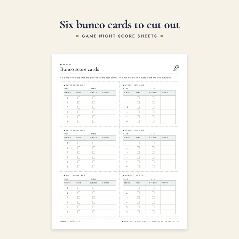 Bunco score cards page: six small cards with name and table fields and rows for rounds, wins, buncos and points