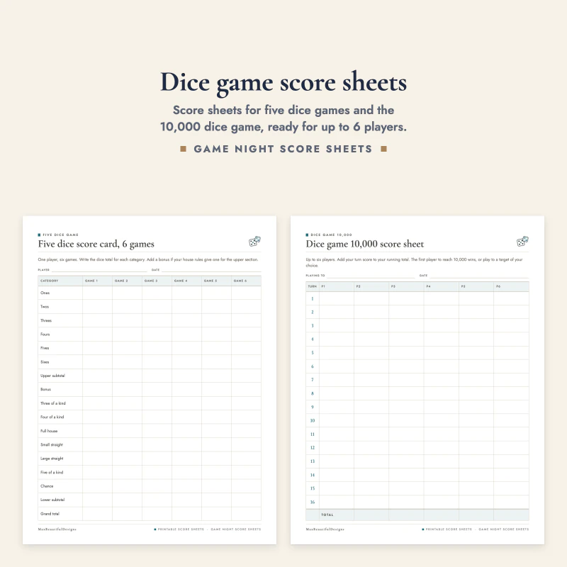 Five dice score card with categories from ones to chance next to the dice game 10,000 score sheet with columns for each player
