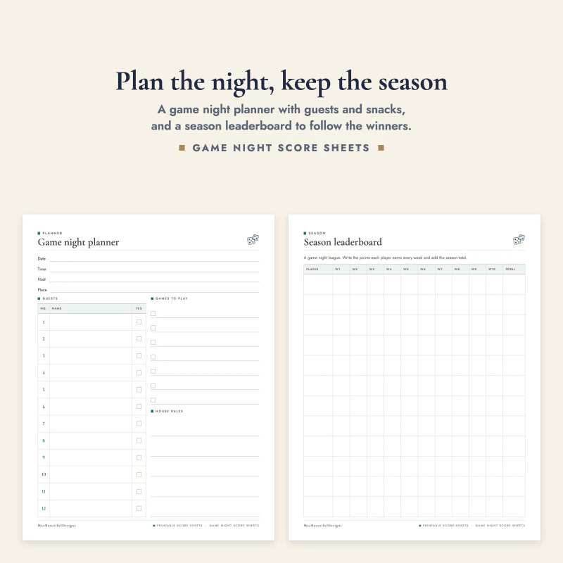 Game night planner page with guest list and games to play next to the season leaderboard table