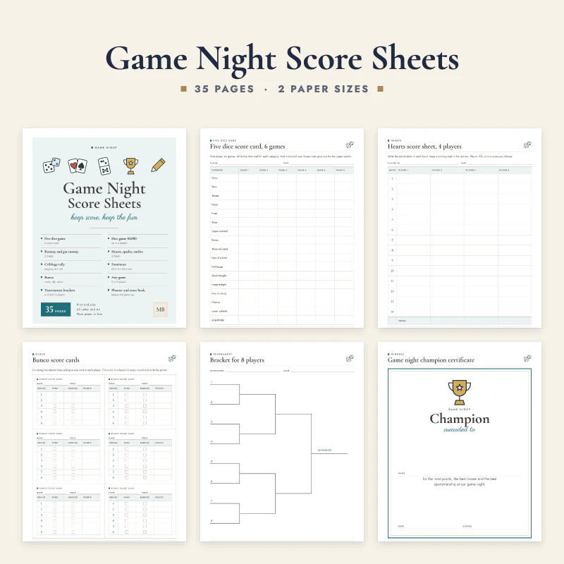 Game night score sheets: the cover and five real pages, five dice score card, hearts score sheet, bunco score cards, an 8 player bracket and the champion certificate