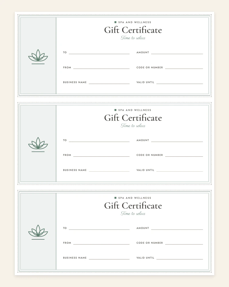 Spa and wellness gift certificates, three per page, with a lotus drawing and handwritten lines for to, from, amount, code or number, valid until and business name