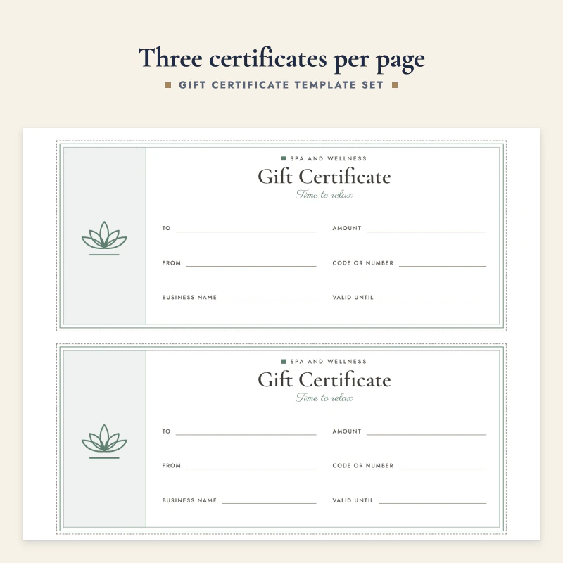 Spa and wellness gift certificate up close with a lotus drawing, Time to relax and handwritten lines for to, from, amount, code or number, valid until and business name